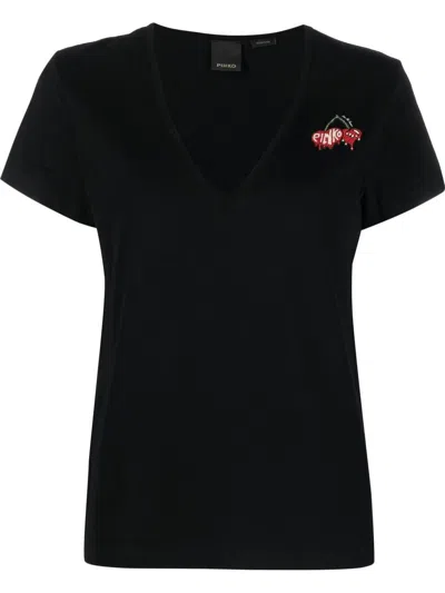 Pinko Logo-embroidered V-neck T-shirt In Black