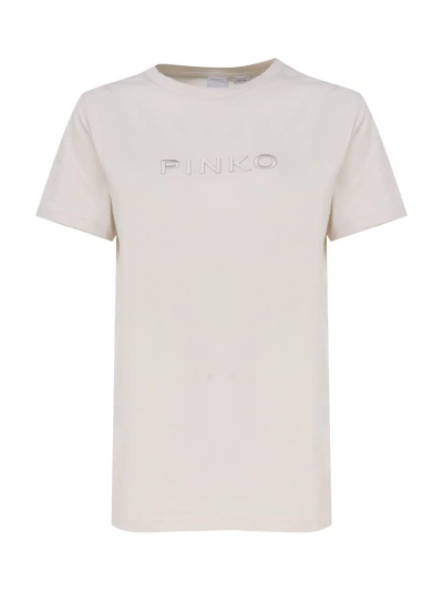 Pinko Logo Embroidery T-shirt In Beige-giorno Piovoso