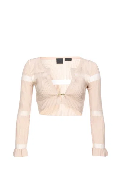 Pinko Striped Cropped Cardigan In Beige-pierre Ponce