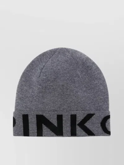Pinko Logo Jacquard Beanie Hat With Turn-up Brim In Grigio/nero