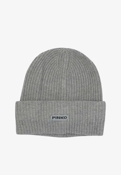 Pinko Logo-label Ribbed Beanie In Brown
