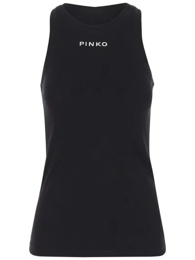 Pinko Distinto Black Tank Top With Logo Lettering On The Front In Ribbed Cotton Woman