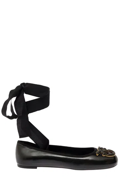 Pinko Black Ballerinas With Black Ribbon In Leather Woman