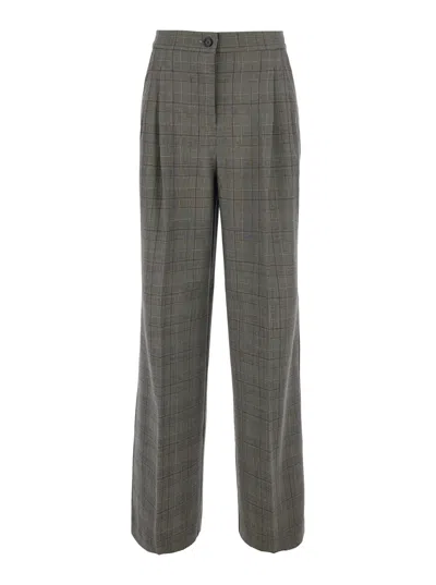 Pinko Logo Patch Straight-leg Check Wool-blend Pants With High Waist In Gray