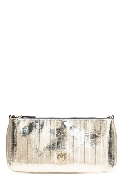 Pinko Logo Plaque Chain-linked Shoulder Bag In Gold