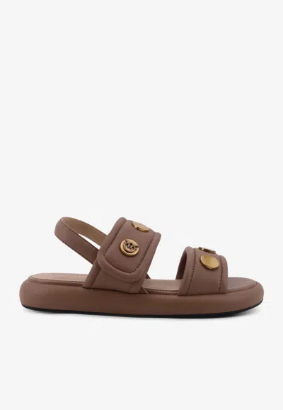 Pinko Logo-plaque Leather Sandals In Brown