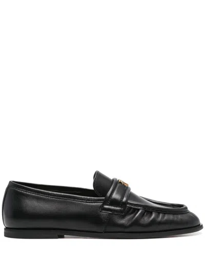 Pinko Black Loafers With Front Metal Logo Detail In Leather Woman