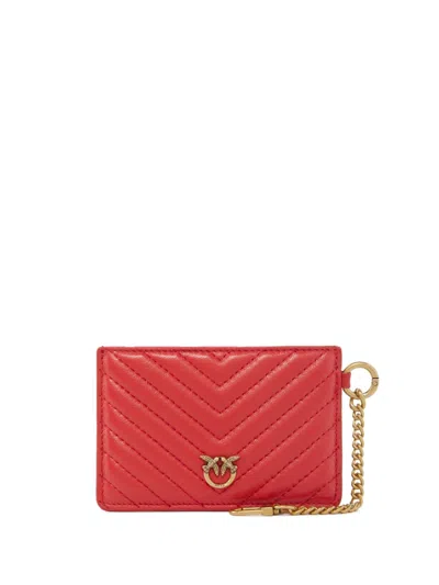 Pinko Logo-plaque Quilted Leather Cardholder In Rosso-antique Gold