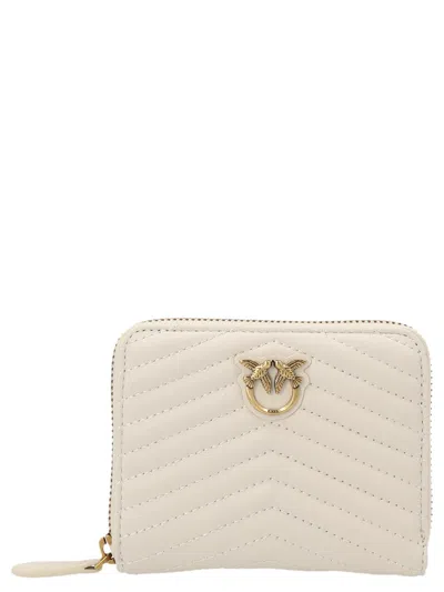 Pinko Logo Plaque Quilted Zipped Wallet In Bianco Seta-antique Gold