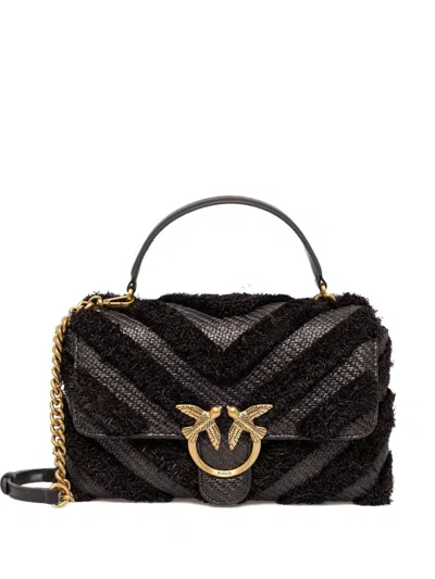 Pinko Logo-plaque Raffia Satchel Bag In Black