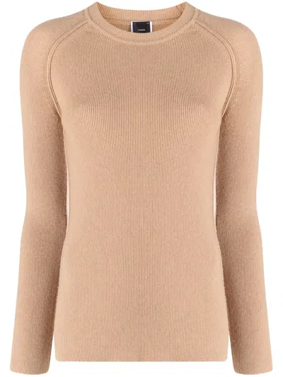 Pinko Logo-plaque Ribbed-knit Jumper In Brown