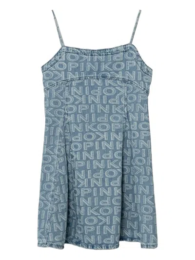 Pinko Kids' Logo-print Denim Dress In Blue