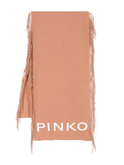 Pinko Logo-print Fringed Scarf In Brown
