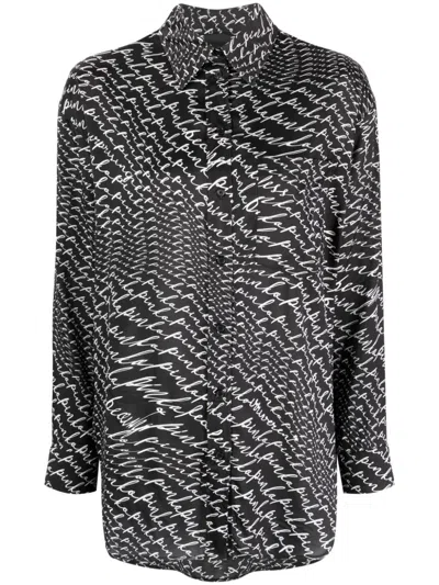 Pinko Logo-print Spread-collar Shirt In Black