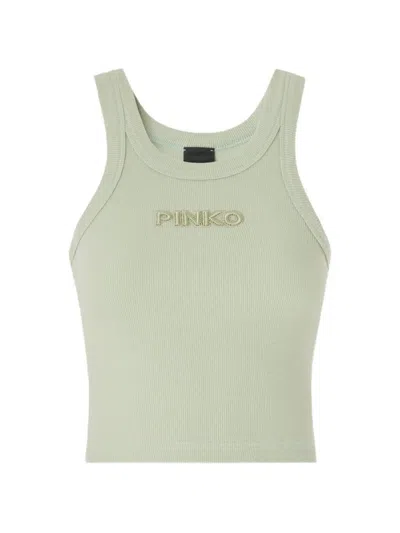 Pinko Logo-detail Ribbed Cropped Cotton Tank Top In Green