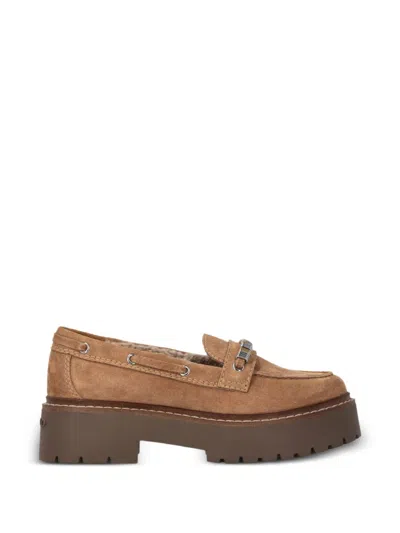 Pinko Logo-embellished Suede Loafers In Brown
