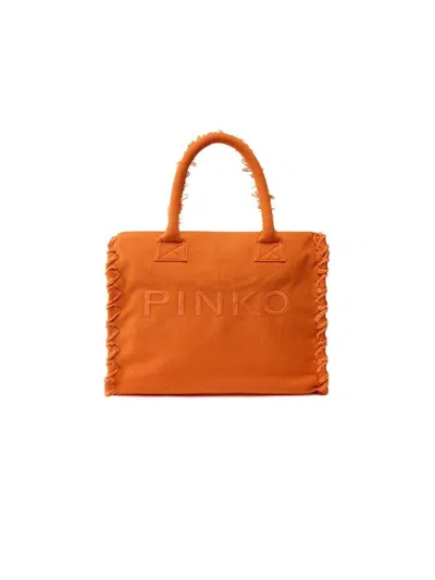 Pinko Logo-embroidered Canvas Tote Bag In Orange