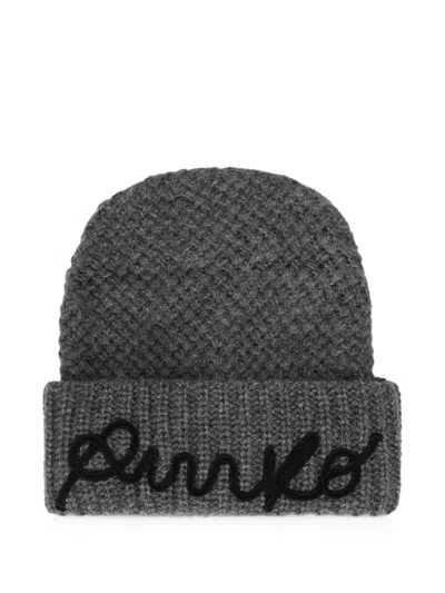 Pinko Logo-embroidered Chunky-knit Beanie Hat In Gray