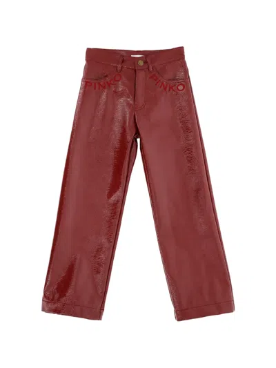 Pinko Kids' Logo-embroidered Coated Trousers In Red