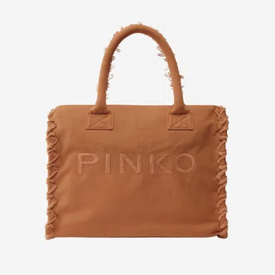 Pinko Logo-embroidered Cotton Tote Bag In Brown