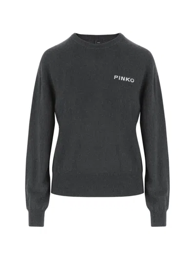 Pinko Logo-embroidered Intarsia-knit Sweater In Grey