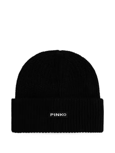 Pinko Logo-patch Ribbed-knit Beanie Hat In Neutral