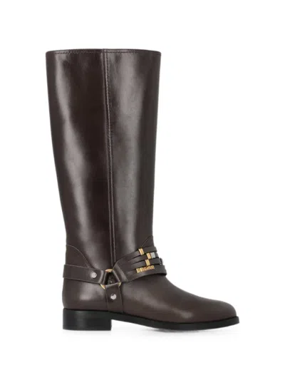 Pinko Embroidered Calfskin Knee-high Boots With Logo In Brown