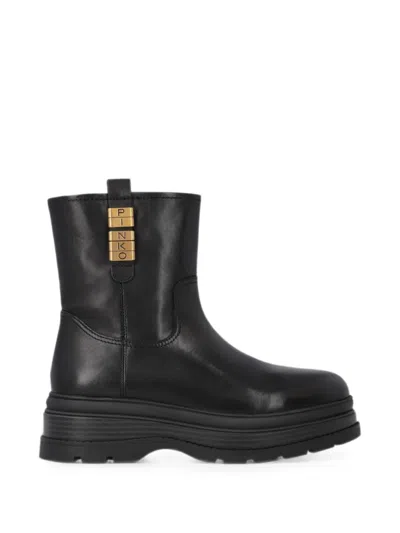 Pinko Logo-plaque Leather Ankle Boots In Black