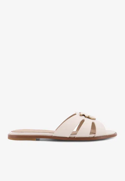 Pinko Milk Calf Leather Slippers With Striped Structure And Golden Details In White
