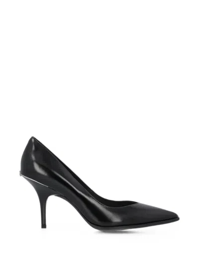 Pinko Pointed-toe Black Leather Pumps With Kitten Heel And Metallic Detail