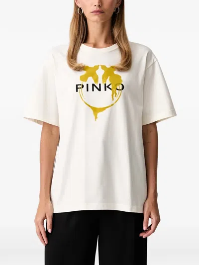 Pinko Cotton T Shirt With Logo Print In White