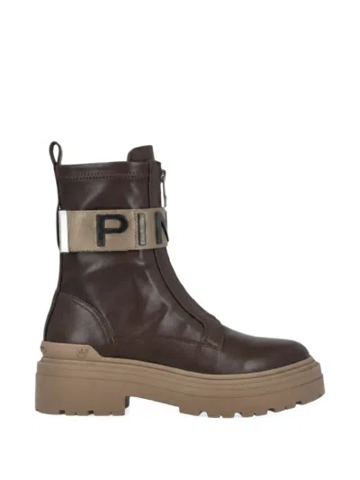 Pinko Logo-strap Ankle Boots In Brown