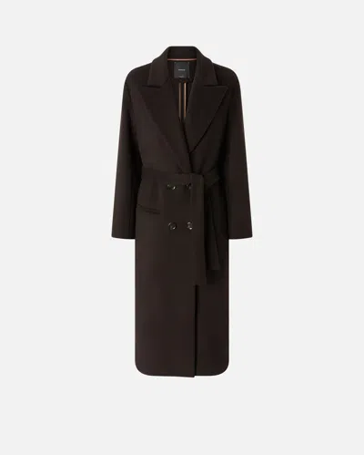 Pinko Long Double-breasted Coat With Matching Belt In Black Coffee-brown