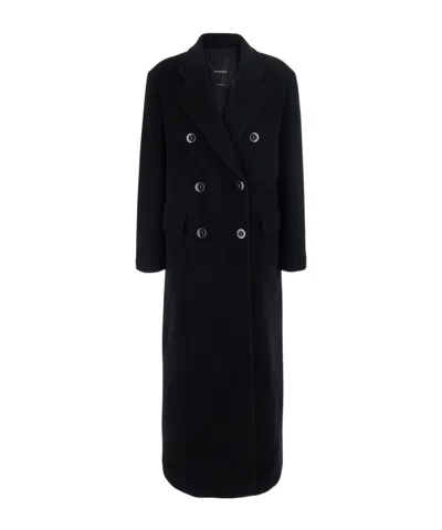 Pinko Long Double-breasted Coat In Wool-blend Fabric In Blue