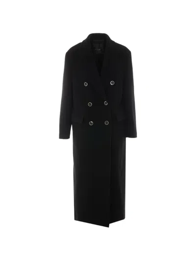 Pinko Long Double-breasted Coat In Wool-blend Fabric In Black