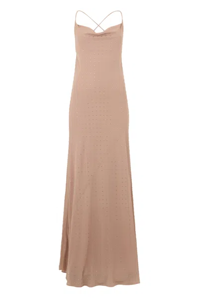 Pinko Long Dress With Rhinestones In Sand