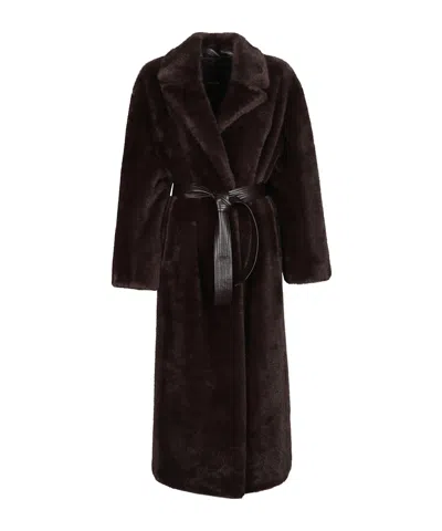 Pinko Long Faux Fur Coat With Belt In Brown