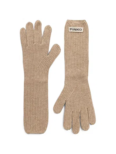 Pinko Long Gloves With Logo Lettering In Neutral