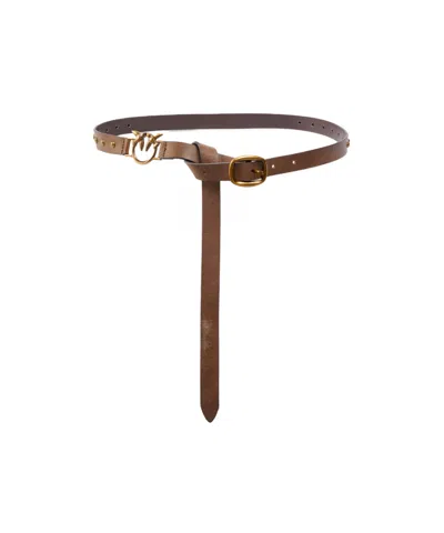Pinko Long Leather Belt With Appliqués, 2cm In Brown