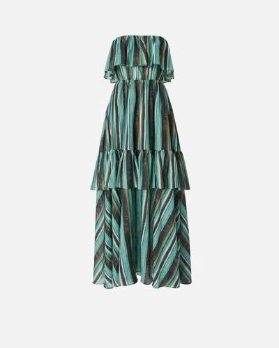 Pinko Off-the-shoulder Maxi Dress With Striking Brushstroke Print In Green
