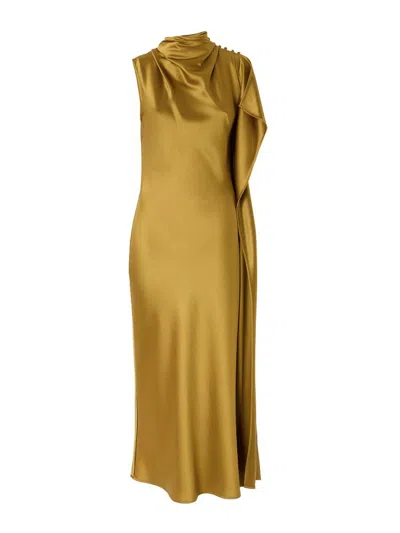 Pinko Long One-shoulder Satin Dress In Gold