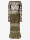 Pinko Long Open-work Crochet Dress With Diamond And Floral Patterns In Green