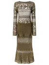 Pinko Long Open-work Crochet Dress With Diamond And Floral Patterns In Green
