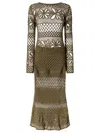 Pinko Long Open-work Crochet Dress With Diamond And Floral Patterns In Green