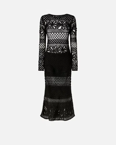 Pinko Long Openwork Crochet Dress In Limo Black
