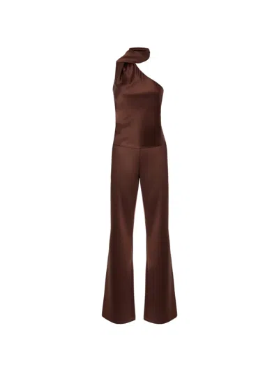 Pinko Long Satin Jumpsuit With Sash In Brown