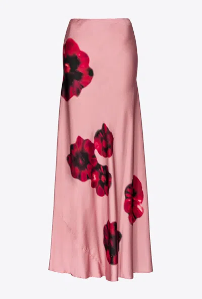 Pinko Long Satin Skirt With Floral Print In Rose/rouge