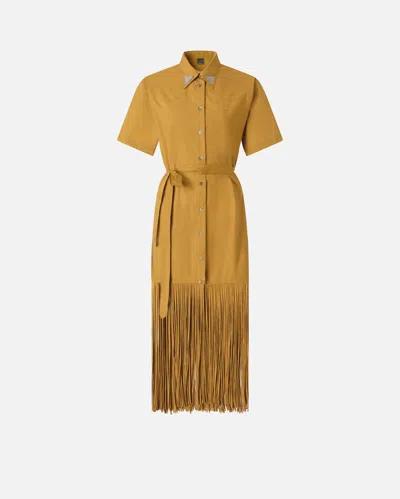 Pinko Fringe-trimmed Belted Midi Shirt Dress In Gold