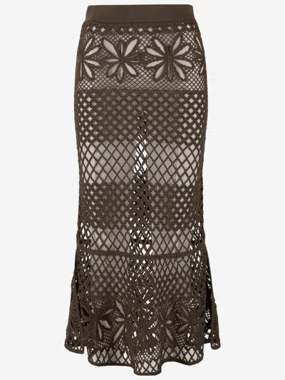 Pinko Long Skirt Made Of Viscose Blend With Patterned Crochet Effect In Verde Scuro