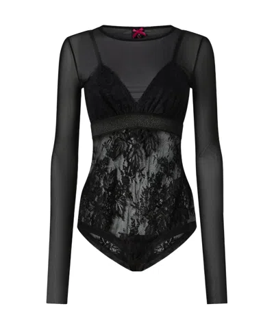 Pinko T-shirt Body En Tulle Et Dentelle In Black